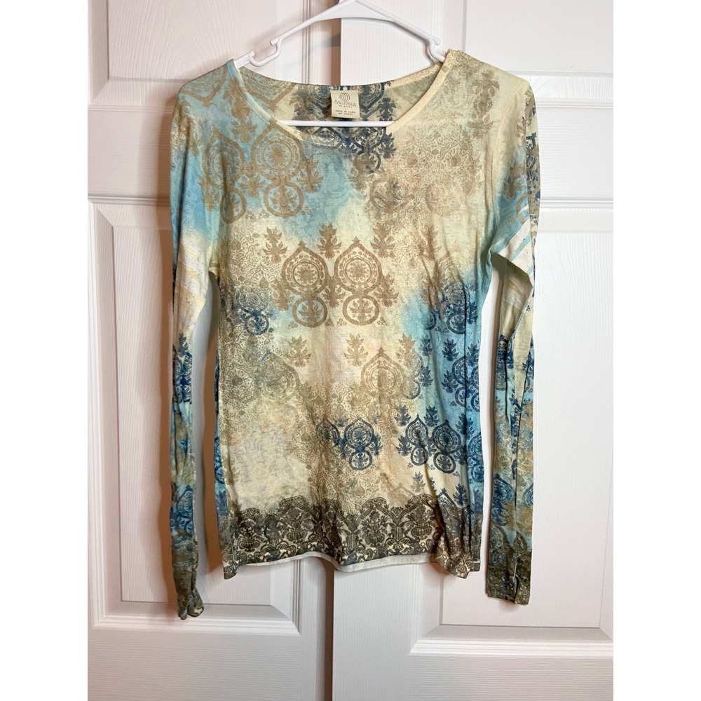 The Balance Collection Boho Blue Tan Paisley Long Sleeve Top Large